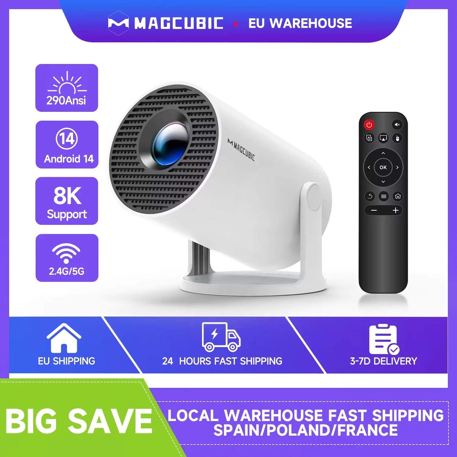 Projecteur Portable LED 720p Android 14 Wi-Fi 6
